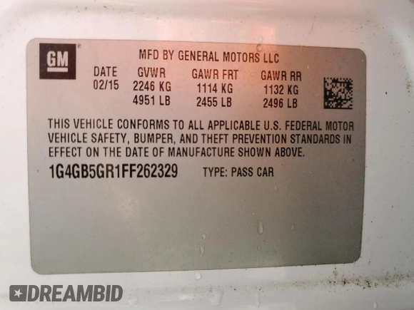2015 Buick LaCrosse Leather with VIN 1G4GB5GR1FF262329, listed as a Copart auction lot 86830744 with 131,915 mi miles and Salvage Title. Bid and sale history available at DreamBid. Image 13.