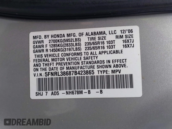 2007 Honda Odyssey EX-L with VIN 5FNRL38687B423865, listed as a IAAI auction lot 42190749 with 215,664 mi miles and . Bid and sale history available at DreamBid. Image 9.