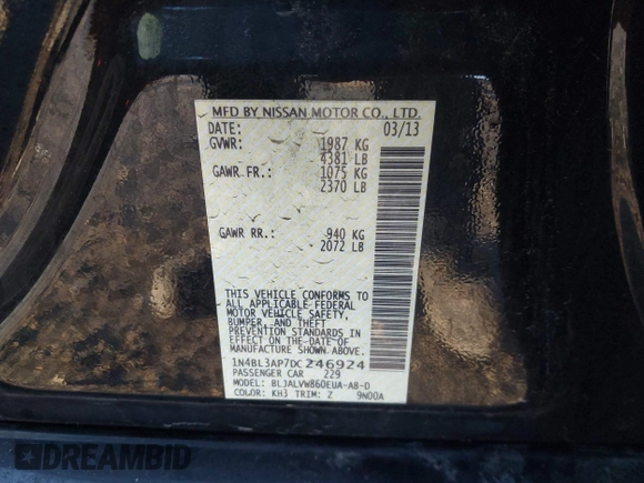 2013 Nissan Altima SV with VIN 1N4BL3AP7DC246924, listed as a IAAI auction lot 41847426 with 127,327 mi miles and . Bid and sale history available at DreamBid. Image 9.