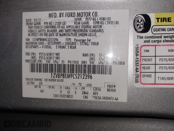 2012 Ford Mustang V6 with VIN 1ZVBP8EM9C5212396, listed as a IAAI auction lot 41398592 with 91,024 mi miles and . Bid and sale history available at carsss.com. Image 9.