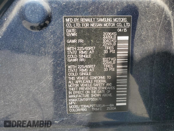 2015 Nissan Rogue SV with VIN KNMAT2MT6FP551478, listed as a Copart auction lot 51217215 with 47,083 mi miles and Salvage Title. Bid and sale history available at DreamBid. Image 13.