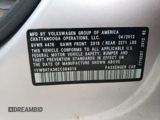 2012 Volkswagen Passat SE with VIN 1VWBH7A36CC084019, listed as a Copart auction lot 61817433 with 0 mi miles and Salvage Title. Bid and sale history available at carsss.com. Image 12.