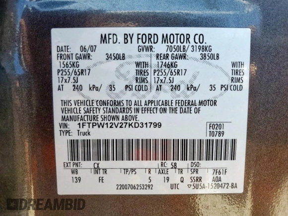 2007 Ford F-150 XLT с VIN 1FTPW12V27KD31799, выставлен на аукционе Copart как лот 58857355 с пробегом 174 604 миль миль и Списание • Salvage title. История ставок и продаж доступна на DreamBid. Изображение 12.