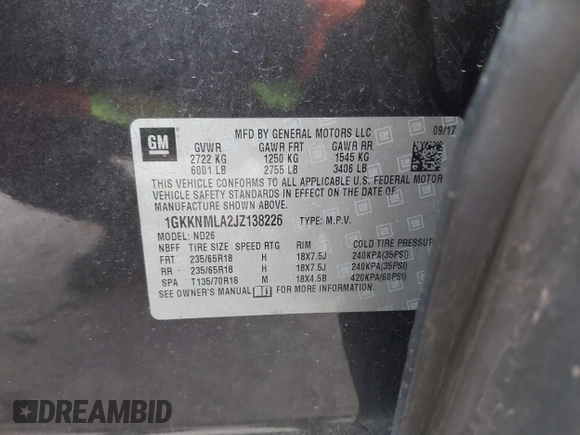 2018 GMC Acadia SLT with VIN 1GKKNMLA2JZ138226, listed as a IAAI auction lot 41745399 with 145,689 mi miles and . Bid and sale history available at DreamBid. Image 9.