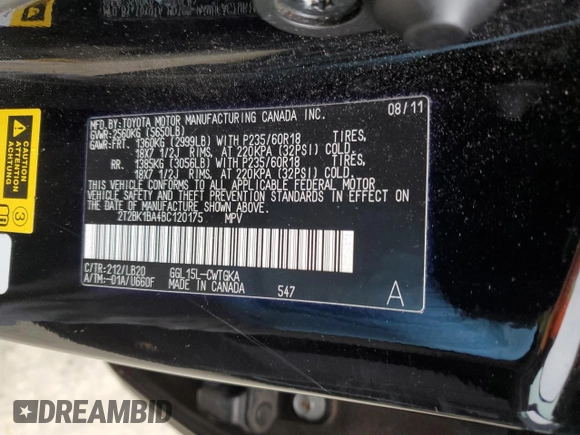 2011 Lexus RX 350 with VIN 2T2BK1BA4BC120175, listed as a Copart auction lot 46922485 with 115,578 mi miles and Salvage title. Bid and sale history available at DreamBid. Image 12.