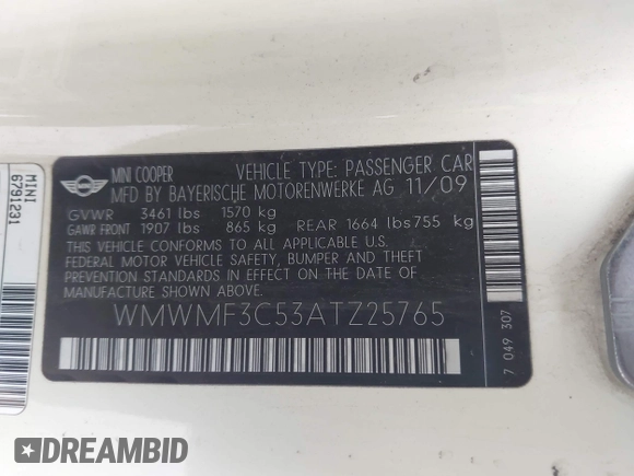 2010 MINI Hardtop with VIN WMWMF3C53ATZ25765, listed as a IAAI auction lot 42805681 with 108,796 mi miles and . Bid and sale history available at DreamBid. Image 9.