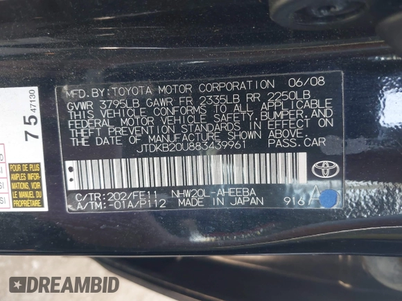 2008 Toyota Prius with VIN JTDKB20U883439961, listed as a IAAI auction lot 41924435 with 125,232 mi miles. Bid and sale history available at carsss.com. Image 9.