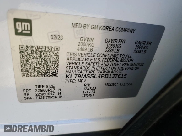2023 Chevrolet TrailBlazer ACTIV with VIN KL79MSSL4PB137615, listed as a Copart auction lot 85645194 with 46,708 mi miles and Salvage Title. Bid and sale history available at DreamBid. Image 13.