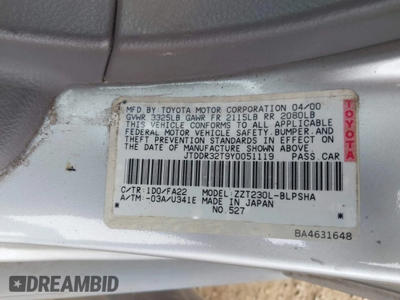 2000 Toyota Celica GT with VIN JTDDR32T9Y0051119, listed as a IAAI auction lot 42080149 with 78,803 mi miles and . Bid and sale history available at DreamBid. Image 9.