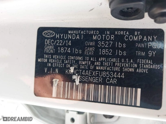2015 Hyundai Accent GLS with VIN KMHCT4AEXFU853444, listed as a IAAI auction lot 41468071 with NaN miles. Bid and sale history available at carsss.com. Image 9.