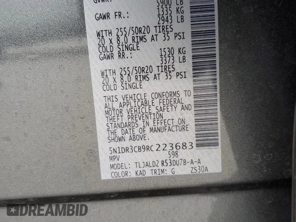 2024 Nissan Pathfinder SL with VIN 5N1DR3CB9RC223683, listed as a Copart auction lot 41902835 with 6,915 mi miles and Salvage title. Bid and sale history available at DreamBid. Image 12.