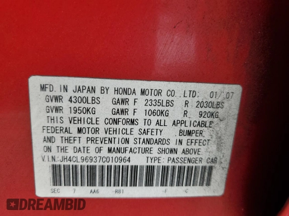 2007 Acura TSX Navi with VIN JH4CL96937C010964, listed as a Copart auction lot 65928845 with 247,657 mi miles and Salvage title. Bid and sale history available at DreamBid. Image 13.