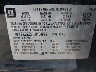 2017 Chevrolet Tahoe LT z VIN 1GNSKBKC3HR164976, wystawiony jako IAAI lot #42263818 z przebiegiem 99 261 mil mil oraz . Historia ofert i sprzedaży dostępna na DreamBid. Obrazek 9.