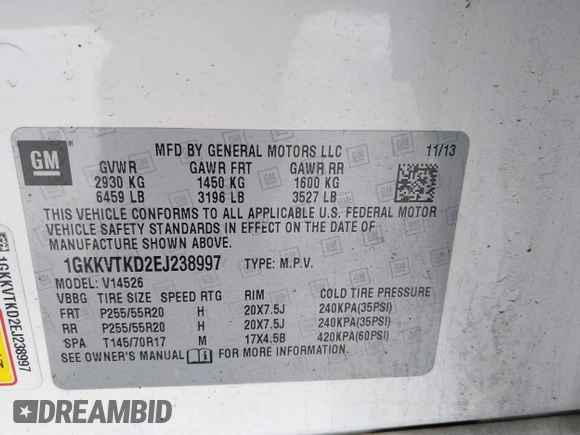 2014 GMC Acadia Denali with VIN 1GKKVTKD2EJ238997, listed as a IAAI auction lot 41640047 with 179,072 mi miles and . Bid and sale history available at carsss.com. Image 9.