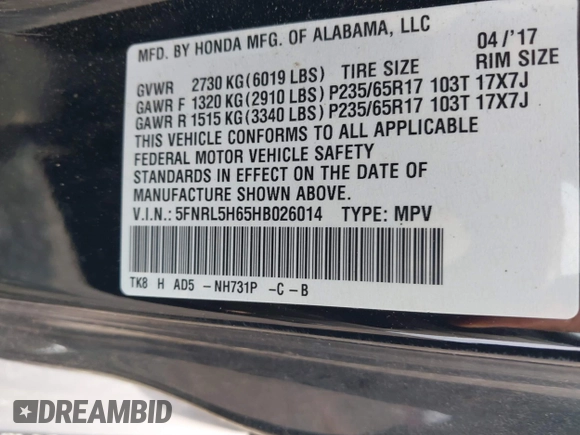 2017 Honda Odyssey EX-L with VIN 5FNRL5H65HB026014, listed as a IAAI auction lot 41719790 with 61,429 mi miles and . Bid and sale history available at DreamBid. Image 9.