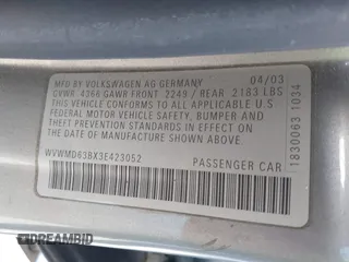 2003 Volkswagen Passat GL z VIN WVWMD63BX3E423052, wystawiony jako IAAI lot #39234258 z przebiegiem 267 688 mil mil oraz . Historia ofert i sprzedaży dostępna na DreamBid. Obrazek 9.