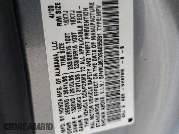 2009 Honda Odyssey EX-L with VIN 5FNRL387X9B055281, listed as a Copart auction lot 53981085 with 153,290 mi miles and Salvage Title. Bid and sale history available at carsss.com. Image 13.