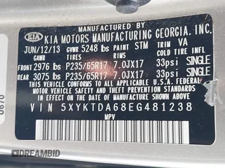 2014 Kia Sorento LX with VIN 5XYKTDA68EG481238, listed as a IAAI auction lot 42055425 with 106,248 mi miles. Bid and sale history available at carsss.com. Image 9.
