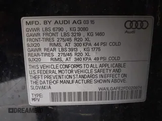 2015 Audi Q7 Premium Plus with VIN WA1LGAFE2FD020974, listed as a IAAI auction lot 42053103 with 107,013 mi miles and . Bid and sale history available at DreamBid. Image 9.