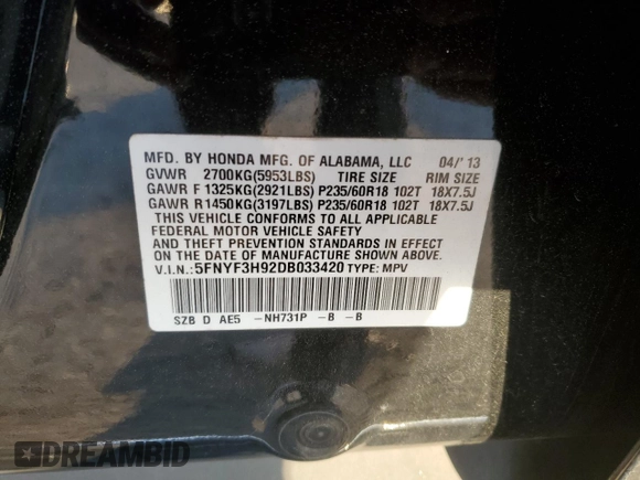 2013 Honda Pilot Touring with VIN 5FNYF3H92DB033420, listed as a Copart auction lot 49042055 with 179,912 mi miles and Salvage Title. Bid and sale history available at DreamBid. Image 15.