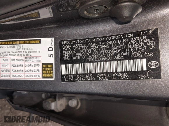 2015 Toyota Prius Two with VIN JTDZN3EU6FJ016826, listed as a IAAI auction lot 42662727 with 184,491 mi miles and . Bid and sale history available at DreamBid. Image 9.