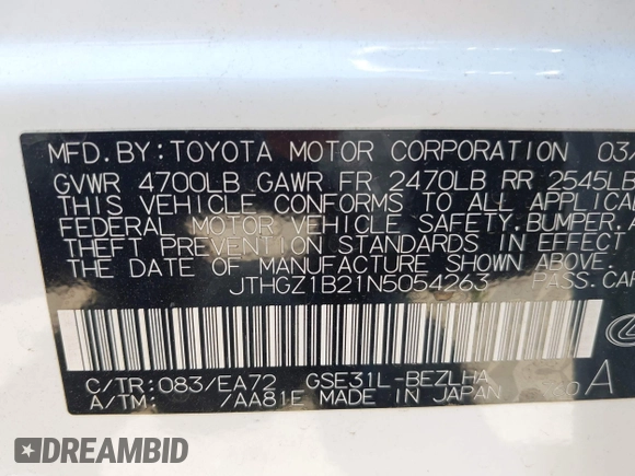 2022 Lexus IS 350 F Sport with VIN JTHGZ1B21N5054263, listed as a IAAI auction lot 42419706 with Not provided miles and . Bid and sale history available at DreamBid. Image 9.