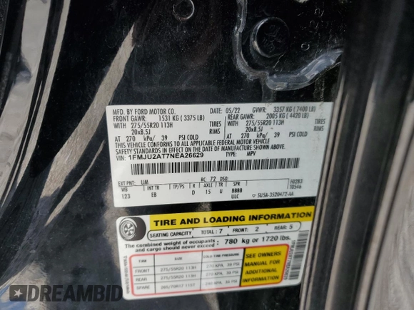 2022 Ford Expedition Limited с VIN 1FMJU2AT7NEA26629, выставлен на аукционе Copart как лот 62335365 с пробегом 51 856 миль миль и Чистый • Clean title. История ставок и продаж доступна на DreamBid. Изображение 13.