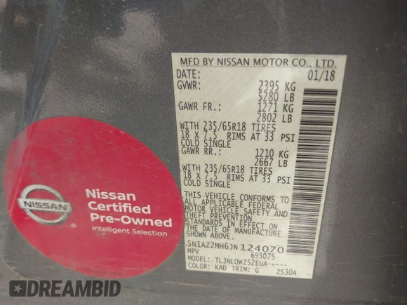 2018 Nissan Murano S with VIN 5N1AZ2MH6JN124070, listed as a IAAI auction lot 41983722 with 126,522 mi miles and . Bid and sale history available at DreamBid. Image 9.