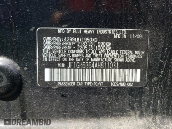 2010 Subaru Impreza i Premium с VIN JF1GH6B64AH811031, выставлен на аукционе Copart как лот 58932215 с пробегом 175 531 миль миль и На запчасти • Non repairable. История ставок и продаж доступна на DreamBid. Изображение 12.