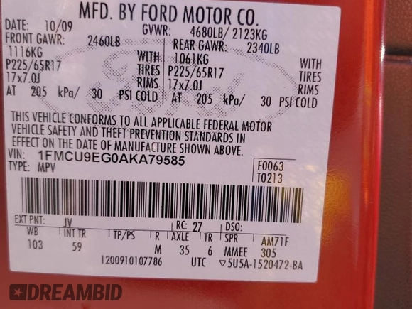 2010 Ford Escape Limited with VIN 1FMCU9EG0AKA79585, listed as a Copart auction lot 61580715 with Not provided miles and Salvage title. Bid and sale history available at DreamBid. Image 14.
