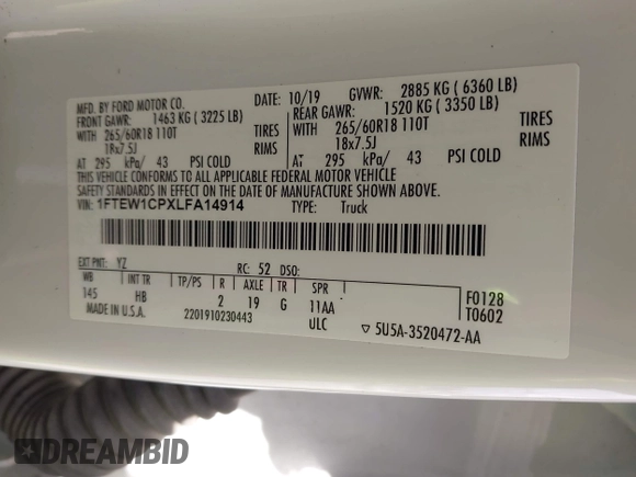 2020 Ford F-150 XL with VIN 1FTEW1CPXLFA14914, listed as a IAAI auction lot 42031623 with 45,144 mi miles and . Bid and sale history available at DreamBid. Image 9.