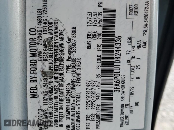 2013 Ford Fusion SE Hybrid with VIN 3FA6P0LU1DR244336, listed as a Copart auction lot 54673405 with 144,180 mi miles and Salvage Title. Bid and sale history available at carsss.com. Image 13.