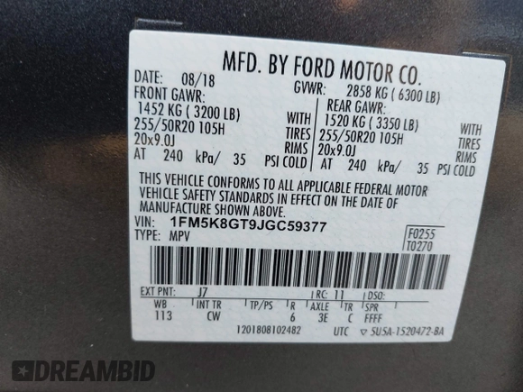 2018 Ford Explorer Sport z VIN 1FM5K8GT9JGC59377, wystawiony jako IAAI lot #42233498 z przebiegiem 103 479 mil mil oraz . Historia ofert i sprzedaży dostępna na DreamBid. Obrazek 9.