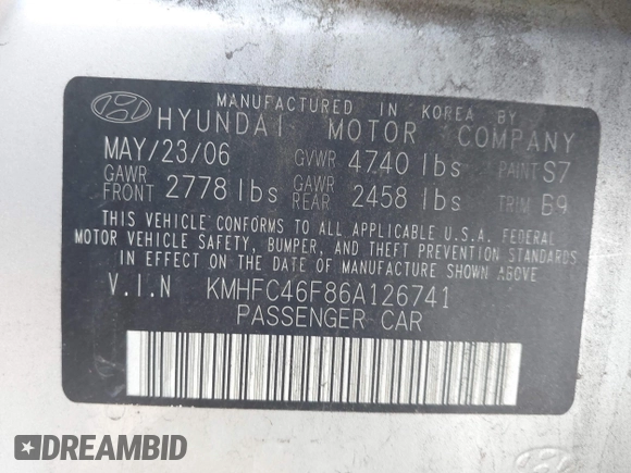 2006 Hyundai Azera SE with VIN KMHFC46F86A126741, listed as a IAAI auction lot 42154172 with 86,960 mi miles and . Bid and sale history available at DreamBid. Image 9.