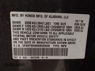 2019 Honda Pilot EX-L with VIN 5FNYF6H50KB035548, listed as a IAAI auction lot 42011724 with 105,195 mi miles and . Bid and sale history available at DreamBid. Image 9.