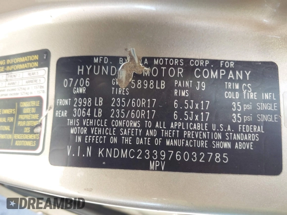 2007 Hyundai Entourage GLS z VIN KNDMC233976032785, wystawiony jako IAAI lot #41871330 z przebiegiem 134 886 mil mil oraz . Historia ofert i sprzedaży dostępna na DreamBid. Obrazek 9.