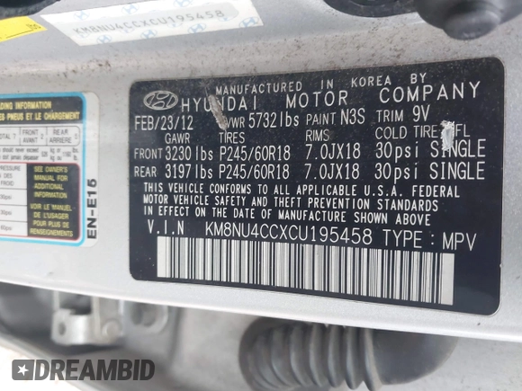 2012 Hyundai Veracruz Limited with VIN KM8NU4CCXCU195458, listed as a IAAI auction lot 41378578 with 224,646 mi miles and . Bid and sale history available at DreamBid. Image 9.