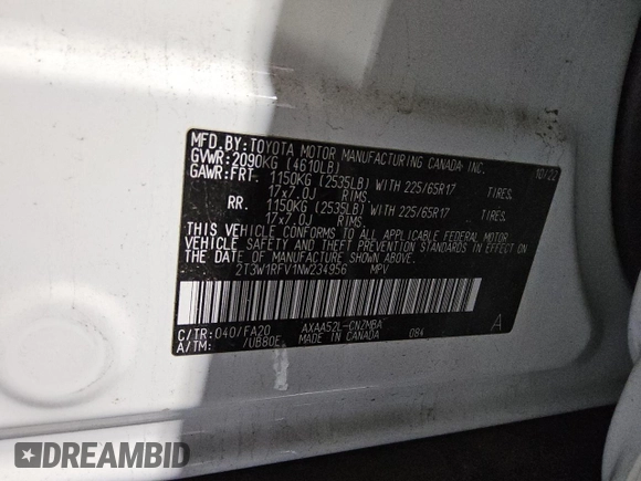 2022 Toyota RAV4 XLE with VIN 2T3W1RFV1NW234956, listed as a Copart auction lot 59725315 with 29,587 mi miles and Clean title. Bid and sale history available at DreamBid. Image 13.