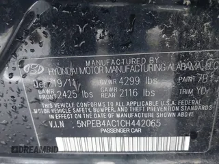2012 Hyundai Sonata GLS with VIN 5NPEB4AC1CH442065, listed as a IAAI auction lot 41954106 with 122,198 mi miles and . Bid and sale history available at DreamBid. Image 9.
