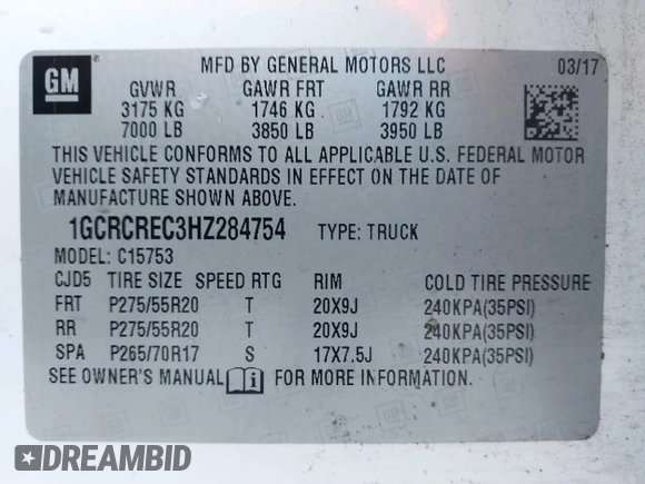 2017 Chevrolet Silverado 1500 LT with VIN 1GCRCREC3HZ284754, listed as a IAAI auction lot 41668849 with 163,202 mi miles and . Bid and sale history available at DreamBid. Image 9.