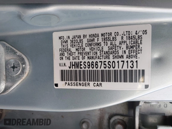 2005 Honda Civic with VIN JHMES96675S017131, listed as a IAAI auction lot 40768095 with 119,142 mi miles and . Bid and sale history available at DreamBid. Image 9.