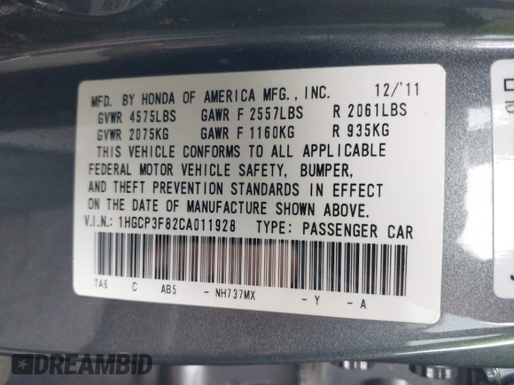 2012 Honda Accord EX-L z VIN 1HGCP3F82CA011928, wystawiony jako IAAI lot #42522409 z przebiegiem 203 181 mil mil oraz . Historia ofert i sprzedaży dostępna na DreamBid. Obrazek 9.