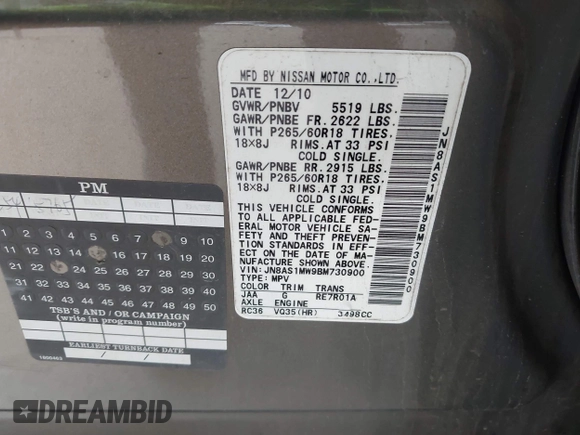 2011 Infiniti FX with VIN JN8AS1MW9BM730900, listed as a IAAI auction lot 42359909 with 181,596 mi miles and . Bid and sale history available at DreamBid. Image 9.