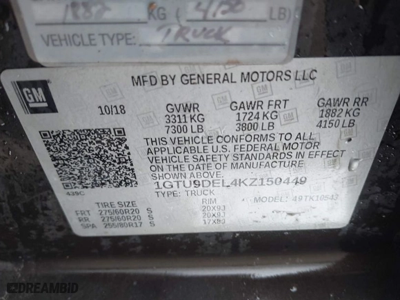 2019 GMC Sierra 1500 SLT with VIN 1GTU9DEL4KZ150449, listed as a IAAI auction lot 41187545 with 94,598 mi miles. Bid and sale history available at carsss.com. Image 9.