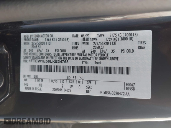 2020 Ford F-150 XL with VIN 1FTEW1E56LKE34768, listed as a IAAI auction lot 41807705 with 83,898 mi miles and . Bid and sale history available at DreamBid. Image 9.