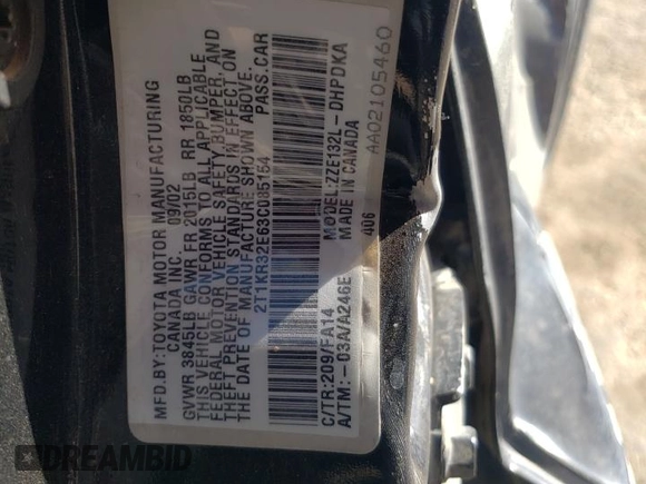 2003 Toyota Matrix Std with VIN 2T1KR32E63C085154, listed as a Copart auction lot 87884645 with 173,360 mi miles and Salvage Title. Bid and sale history available at DreamBid. Image 12.