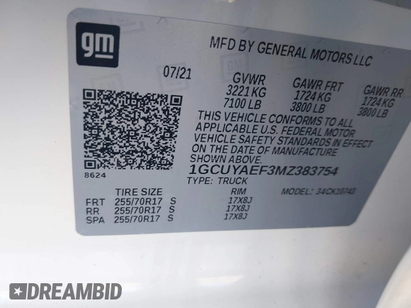 2021 Chevrolet Silverado 1500 Work Truck with VIN 1GCUYAEF3MZ383754, listed as a IAAI auction lot 41802515 with 95,235 mi miles and . Bid and sale history available at DreamBid. Image 9.