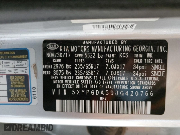 2018 Kia Sorento LX V6 with VIN 5XYPGDA59JG420766, listed as a Copart auction lot 46072115 with 270,019 mi miles and Clean Title. Bid and sale history available at carsss.com. Image 13.