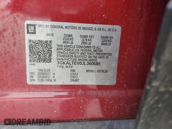 2018 GMC Terrain SLE with VIN 3GKALTEV0JL360685, listed as a Copart auction lot 46812315 with 98,449 mi miles and Salvage Title. Bid and sale history available at carsss.com. Image 13.