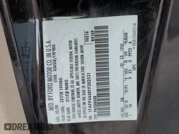 2000 Ford Mustang with VIN 1FAFP4448YF202531, listed as a Copart auction lot 43349785 with 99,444 mi miles and Salvage Title. Bid and sale history available at carsss.com. Image 12.